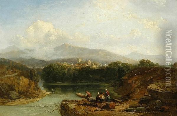 Figures Looking Across A River With Town And Mountains Beyond Oil Painting - James Webb