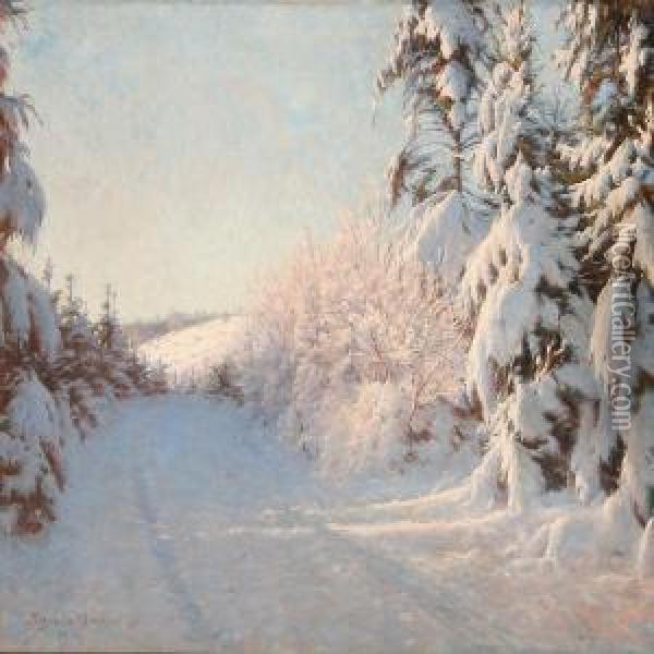 Winter Landscape Inthe Red Glow Of The Evening Sun Oil Painting - Sigvard Hansen
