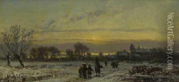 Winterliche Dorflandschaft Im Abendlicht. Oil Painting - Adolf Stademann
