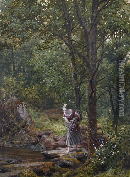 Young Girl Gathering Firewood, Crossing Awooded Stream Oil Painting - James Barnes