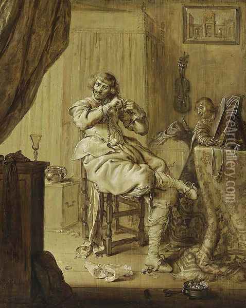 A Cavalier at His Dressing Table 1631 Oil Painting - Adriaen Pietersz. Van De Venne