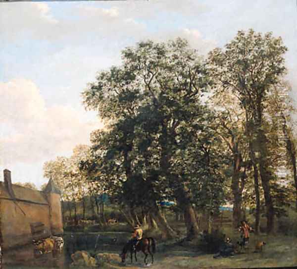 Drivers watering cattle near a castle, a falconer nearby Oil Painting - Joris van der Haagen or Hagen