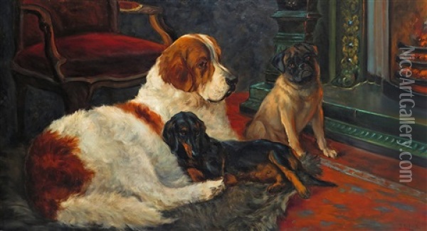 A St Bernard, A Pug And A Dachshund Seated By A Fire Oil Painting - Jean Lefort