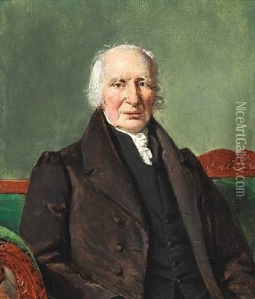 Portrait Of Locksmith Peter Johann Timm (d. 1835) Seated In A Green Sofa, Wearing An Open Coat Oil Painting - Christian Albrecht Jensen