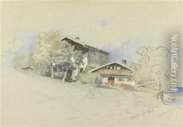 Bauernhauser Am Chiemsee Oil Painting - August Schaeffer von Wienwald