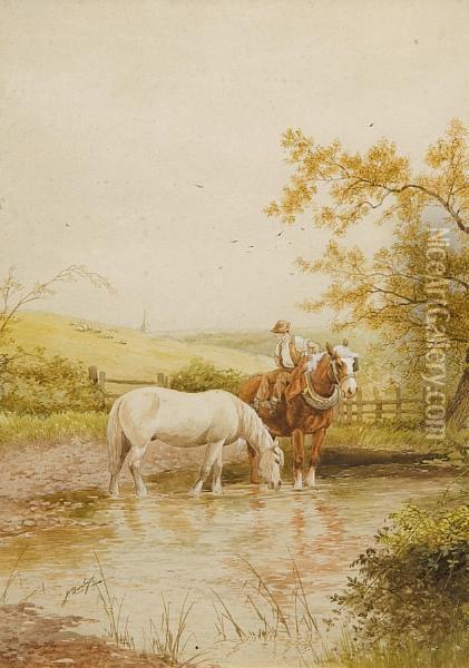 Work Horses Watering At A Stream Oil Painting - John Barclay