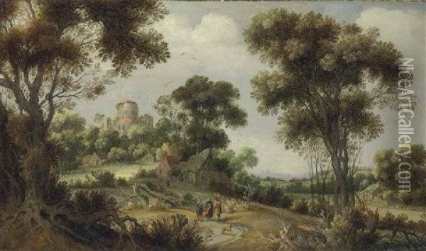 An Extensive Wooded Landscape With Christ On The Road To Emmaus Oil Painting - Gillis Claesz De Hondecoeter