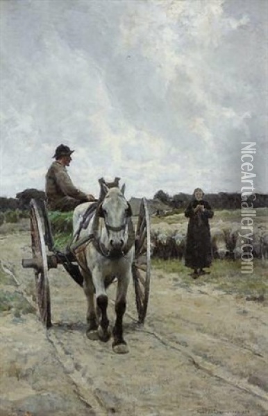 Charrette A Cheval Et Gardienne De Moutons Oil Painting - Frans Van Leemputten