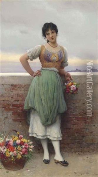 The Venetian Flower Seller Oil Painting - Eugen von Blaas