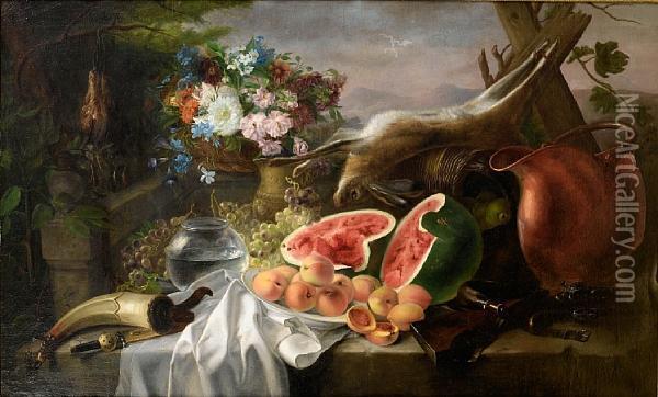 Still Life With A Watermelon, Apricots, Grapes, Flowers And A Hare Oil Painting - Jose Maria Murillo Y Bracho