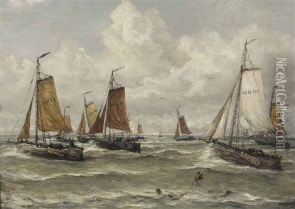 Vissersvloot Te Scheveningen: A Scheveningen Fishing-fleet Oil Painting - Hendrik Willem Mesdag