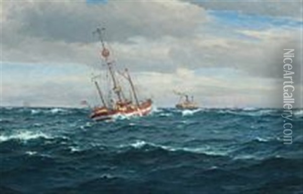 Seascape With The Lightship Skagens Rev Oil Painting - Christian Benjamin Olsen