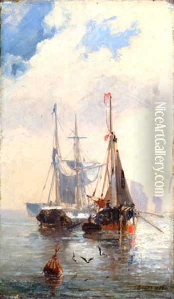 Barques En Mouillage (+ Barques, Depart Pour La Peche; Pair) Oil Painting - Jules Achille Noel
