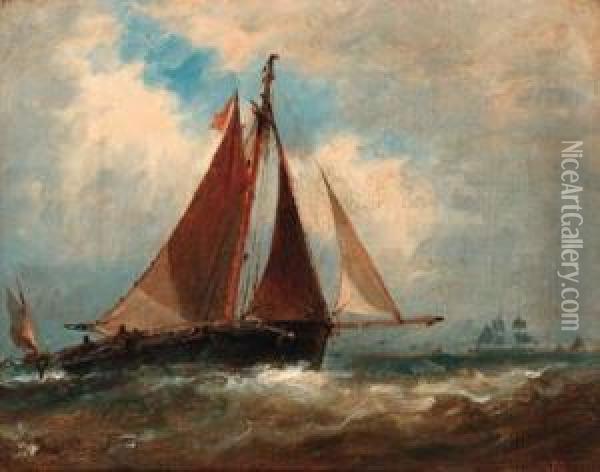 Fishing Trawlers At Sea; And Bringing Home The Catch Oil Painting - Richard Henry Nibbs
