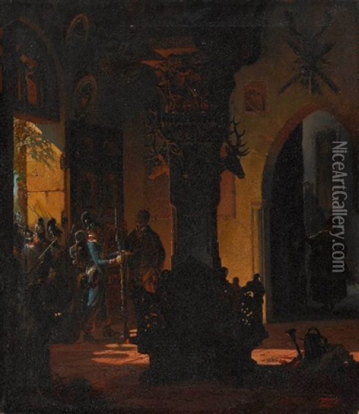 Einquartierung Bayerischer Infanterie In Einem Schloss Oil Painting - Franz von Seitz