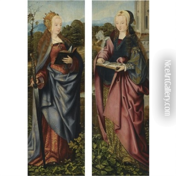 Saint Catherine (+ Saint Barbara; Pair) Oil Painting -  Master of Frankfurt