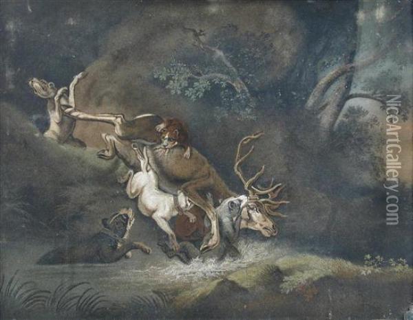 Worked With A Stag Hunting Scene Oil Painting - Benjamin Zobel