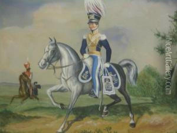 Portrait Of A Mounted Dragoon In A Landscape Oil Painting - J Norbury