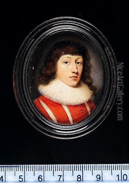 Thomas Wentworth, 1st Earl Of 
Strafford (1593-1641), Wearing Red Doublet Slashed To Reveal White And 
Lace Edged Falling Collar. Oil Painting - Cornelius Janssens Van Ceulen