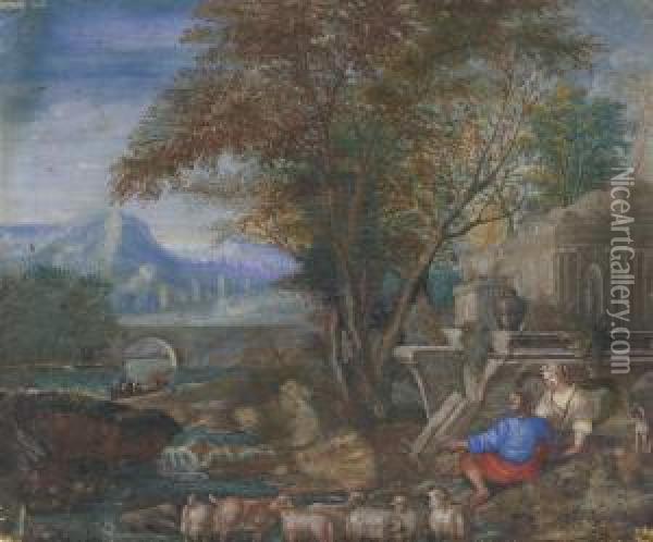 Figures And Animals By Ruins In A Mountainous River Landscape Oil Painting - Richard van Orley