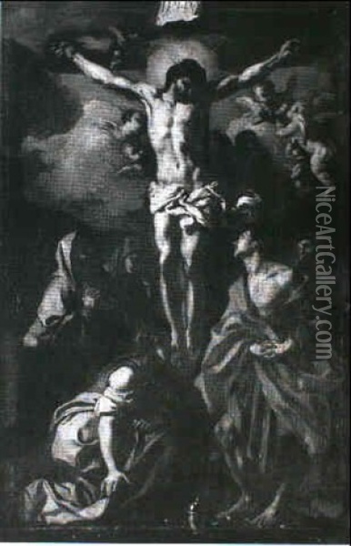 Den Korsfaestede Kristus Omgivet Af Engle, Maria, Johannes  Og Tre Kvinder Oil Painting - Alonso Cano