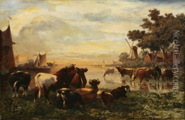 Dutch Estuary Scene With Cows Watering Atsunset Oil Painting - Louis Coignard