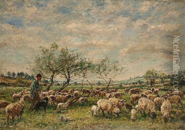 A Shepherd And His Flock In A Summer Meadow Oil Painting - William Mark Fisher