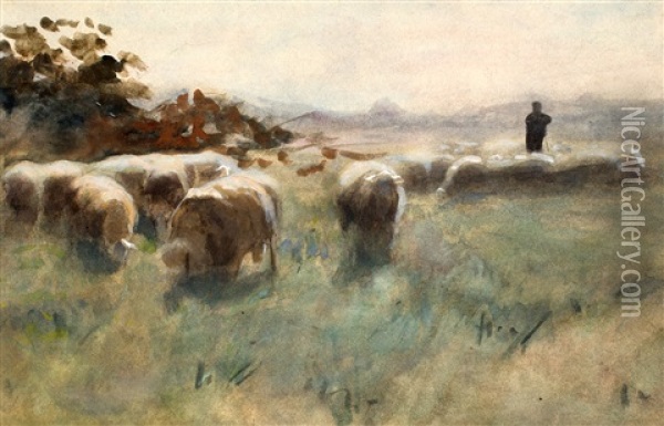 Herder Met Schaapskudde (+ Another, Similar, Watercolor; 2 Works) Oil Painting - Herman Johannes van der Weele