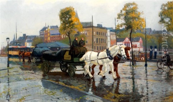 Paard En Wagen Op Het Willemsplein Te Rotterdam Oil Painting - Gijsbertus Johannes Van Overbeek