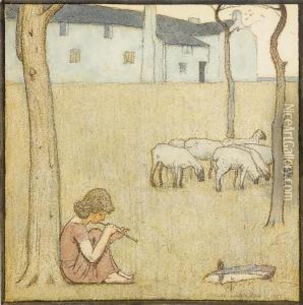 A Young Shepherdess Playing A Pipe Seatedbelow A Tree Oil Painting - Frederick Cayley Robinson