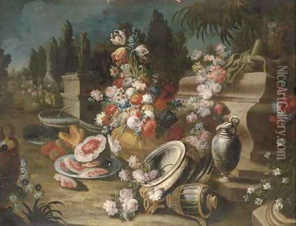 A landscape garden with urns, platters, ewers of mixed flowers and melons Oil Painting - Francesco Lavagna