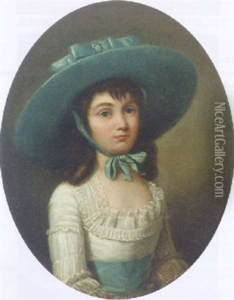 Portrait Of Penelope Merton Wearing A Blue Hat Oil Painting - Henry Robert Morland