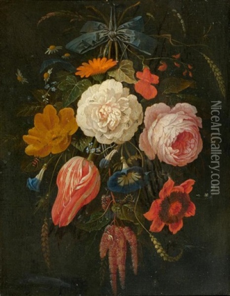 Hangendes Blumenbouquet Mit Blauer Schleife Oil Painting - Abraham Mignon