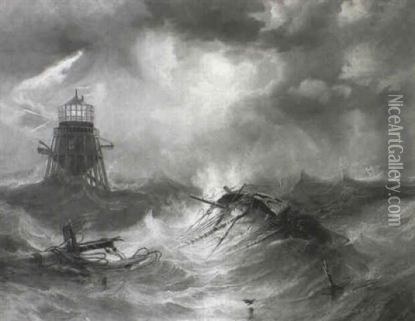 The Irvin Lighthouse, Storm Raging Oil Painting - John Wilson Carmichael