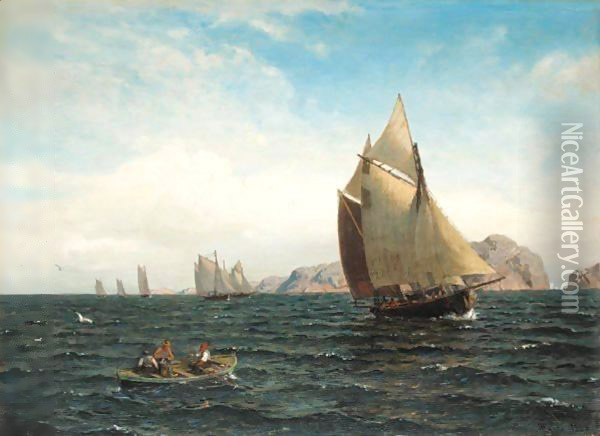 Seilbater Pa Fjorden (Sailing Off The Norwegian Coast) Oil Painting - Hans Fredrik Gude