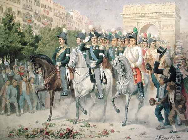 Russian and Allied forces Marching into Paris Oil Painting - Aleksei Danilovich Kivshenko