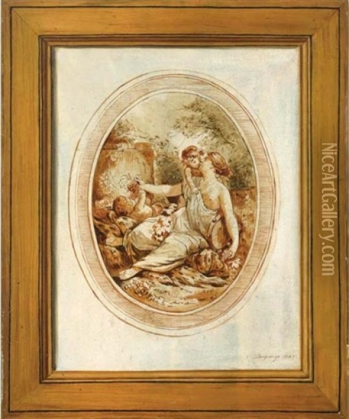 A Framed Soft-ground Etching Of Venus Feeding Grapes To Putti's Oil Painting - Jean Baptiste Charles Desgrange