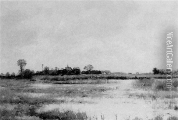 A Marsh Landscape With A Village Beyond Oil Painting - Pierre Emmanuel Eugene Damoye