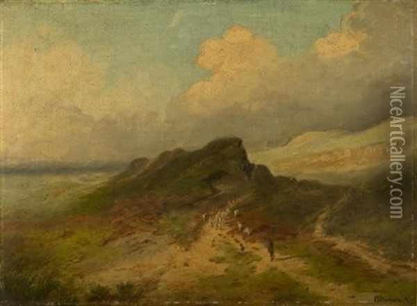 Hirte Mit Schafsherde In Weiter Landschaft Oil Painting - Heinrich Krauel