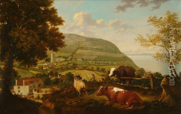A View Of West Lulworth, Dorset With Cattle And Sheep Oil Painting - Aster R.C. Corbould