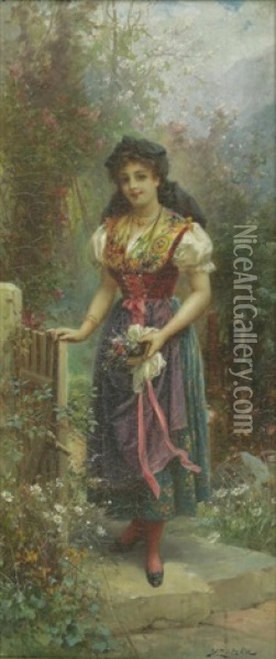 Young Woman By The Garden Gate Oil Painting - Hans Zatzka