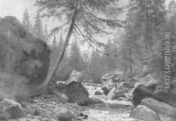 Bewaldete Landschaft Mit Fluss In Felsigem Bett Oil Painting - Johann-Joseph Geisser