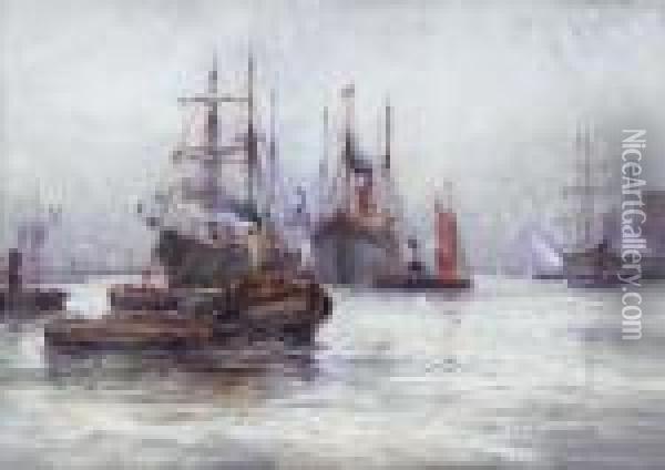 A Busy Day On The Thames Oil Painting - William Harrison Scarborough