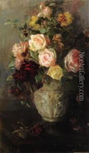 Still Life With Pink, Yellow And Red Roses In A Vase Oil Painting - Louise Ellen Perman