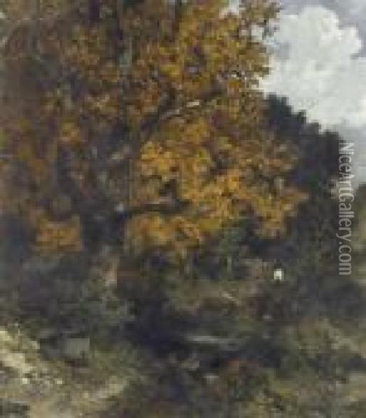 Herbstliche Waldlichtung Mit Reisigsammler Oil Painting - Louis Adolphe Hervier