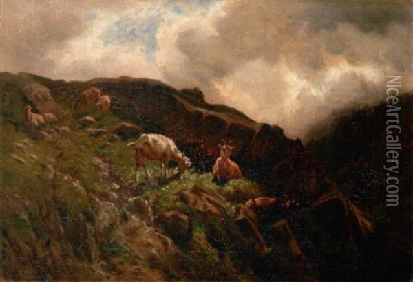 Ziegen In Gebirgslandschaft Oil Painting - Charles (Jean-Ch. Ferdinand) Humbert