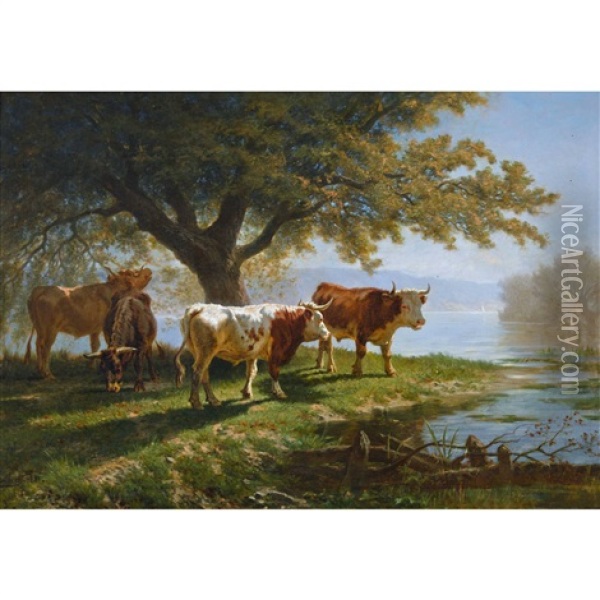 Kuhherde Am Besonnten Ufer Des Genfersees Oil Painting - Charles (Jean-Ch. Ferdinand) Humbert