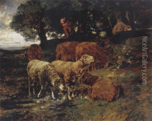 Sheep With Shepherdess Oil Painting - Charles Emile Jacque