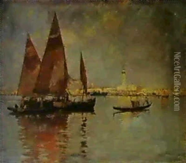 Fishing Boats On The Lagoon, Venice Oil Painting - Guido Grimani