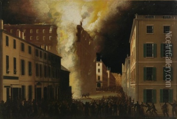 Boston's Exchange Coffee House Burning Of Oil Painting - John Ritto Penniman
